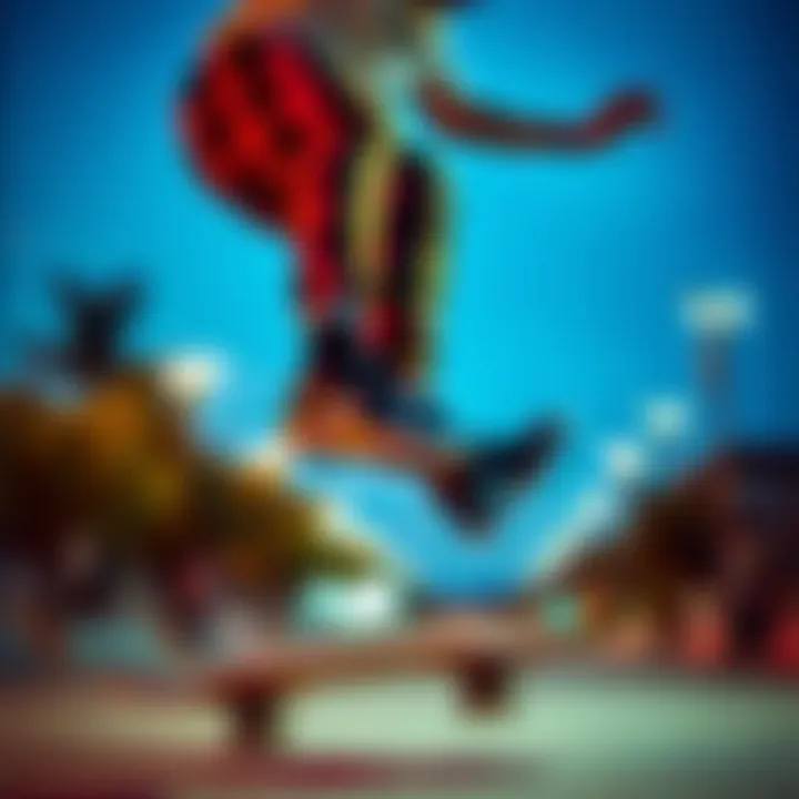 A skateboarder performing tricks while wearing vibrant discount Nike pants.