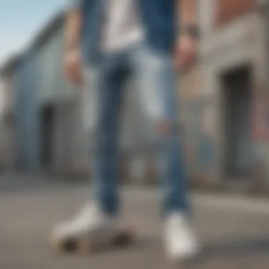 Casual outfit featuring distressed light wash jeans paired with skate shoes