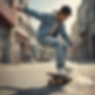 Skateboarder in Action A skateboarder performing tricks while wearing stylish light wash jeans