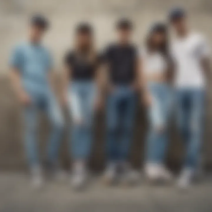 Group of skaters hanging out, showcasing diverse styles with jeans