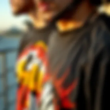 Artistic close-up of intricate graphic designs on tees