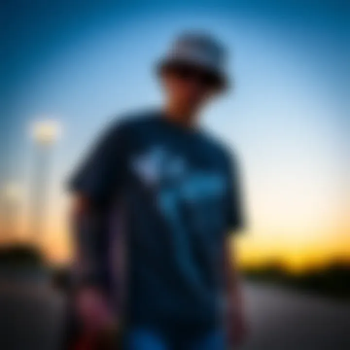 A skater wearing a graphic tee, demonstrating personal style and identity