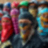 A vibrant collection of various face bandanas showcasing unique designs