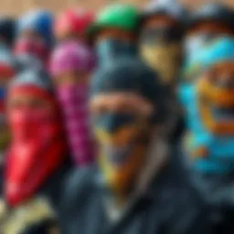 A vibrant collection of various face bandanas showcasing unique designs