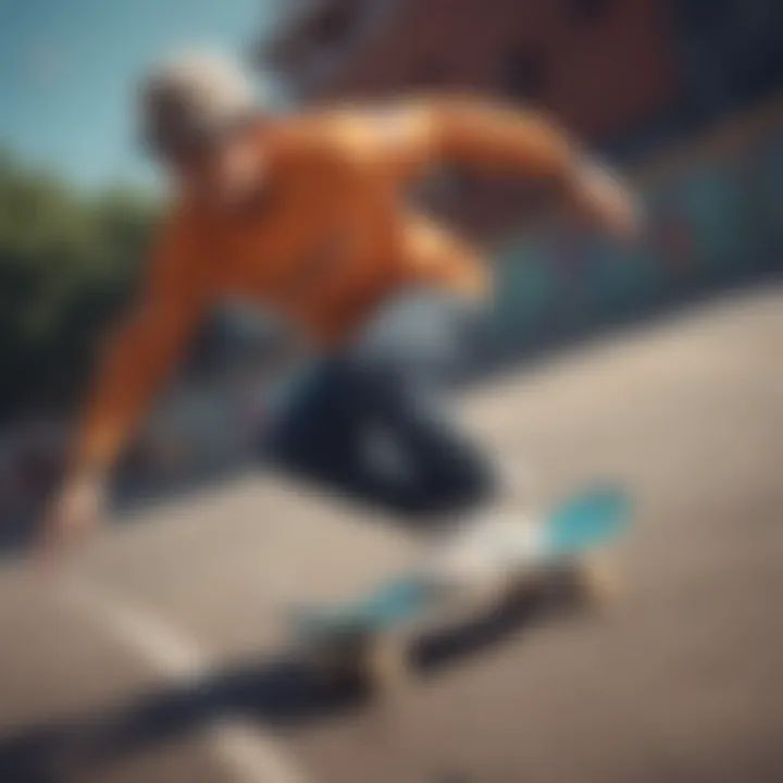 A vibrant skateboarding scene featuring Fila gear