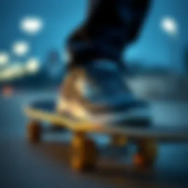 Close-up of a popular Fila skate shoe worn on a skateboard.