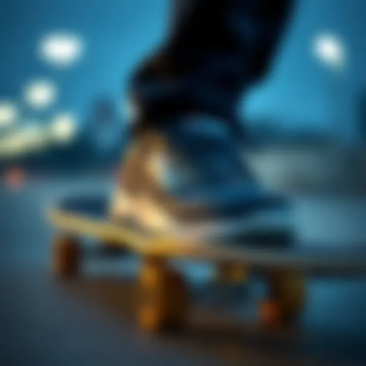 Close-up of a popular Fila skate shoe worn on a skateboard.