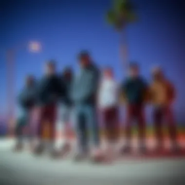 Community Vibe: Skaters Embracing Individuality Group of skaters wearing fire sweat pants, exhibiting personal style.