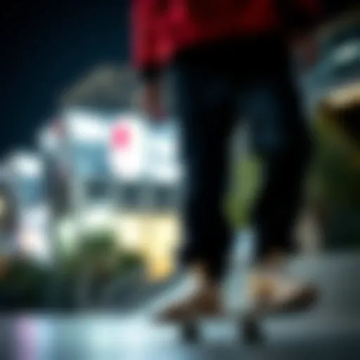 Stylish fire sweat pants showcased in an urban skate park.