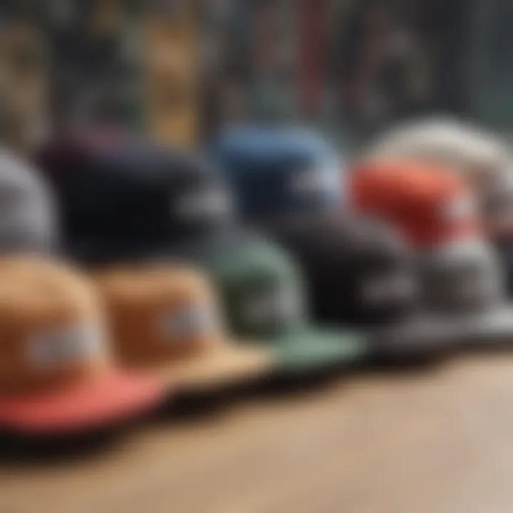 An array of five panel hats showcased against a backdrop of skateboarding gear