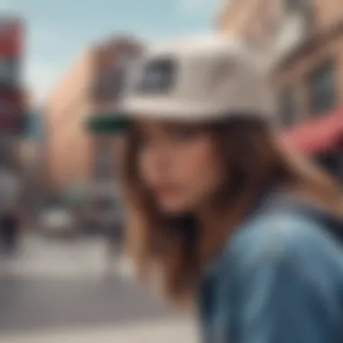 Five Panel Hat in Urban Skateboarding Setting A fashionable individual wearing a five panel hat in an urban skateboarding environment