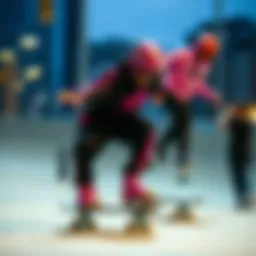 Dynamic skateboarding scene showcasing pink and black Adidas gear