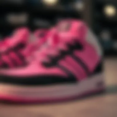 Close-up of Adidas footwear highlighting pink and black design elements