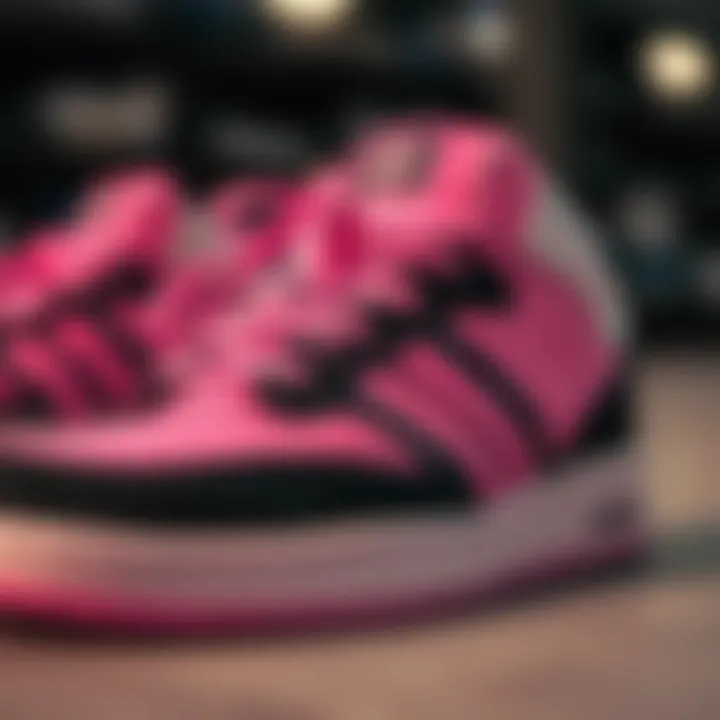 Close-up of Adidas footwear highlighting pink and black design elements