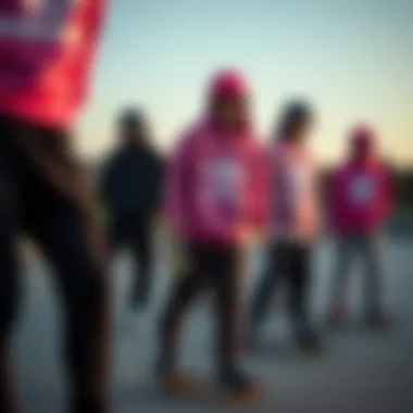 Group of skaters in pink and black Adidas apparel at a skatepark