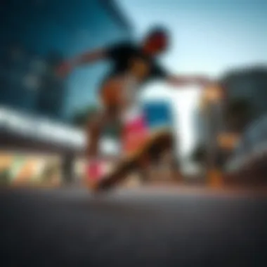 An artistic shot of a skater performing tricks on Crazy Skates in an urban setting.