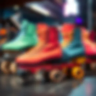 A group of glam roller skates in various colors and styles displayed together.