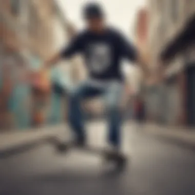 Skateboarder wearing stylish graphic tee in urban setting