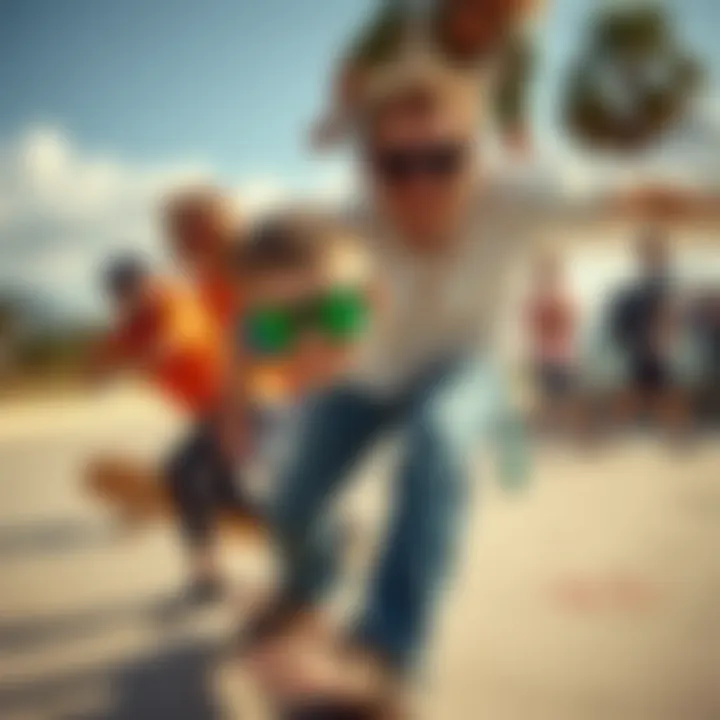 Outdoor scene featuring skaters wearing various sunglasses styles