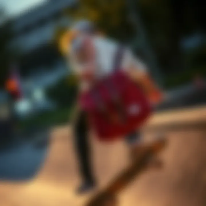 A skateboarder carrying a Herschel Supply Co bag while performing tricks