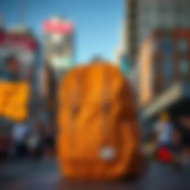 A stylish Herschel Supply Co backpack displayed against a vibrant urban backdrop