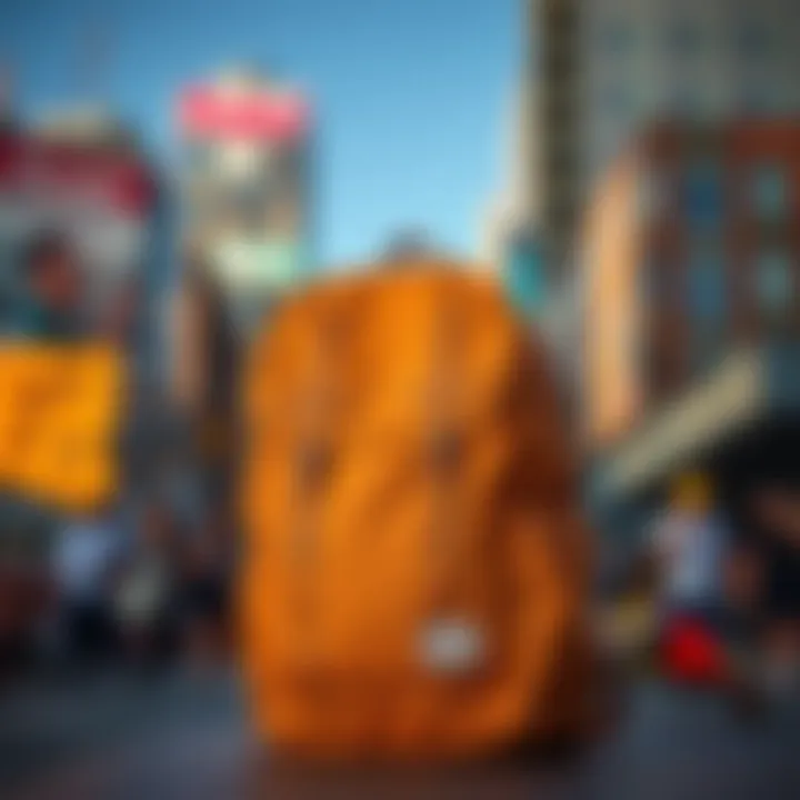 A stylish Herschel Supply Co backpack displayed against a vibrant urban backdrop