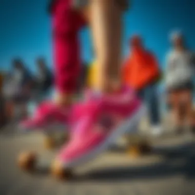 A group of skateboarders wearing hot pink DC shoes