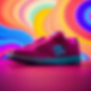 Stylish presentation of hot pink DC shoes against a vibrant backdrop