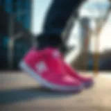 Hot pink DC shoes showcased in an urban skate park setting
