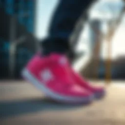 Hot pink DC shoes showcased in an urban skate park setting