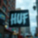 HUF brand logo with urban background