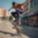 A skateboarder performing a trick on an urban street