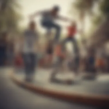 A vibrant skate park filled with skaters showcasing various styles