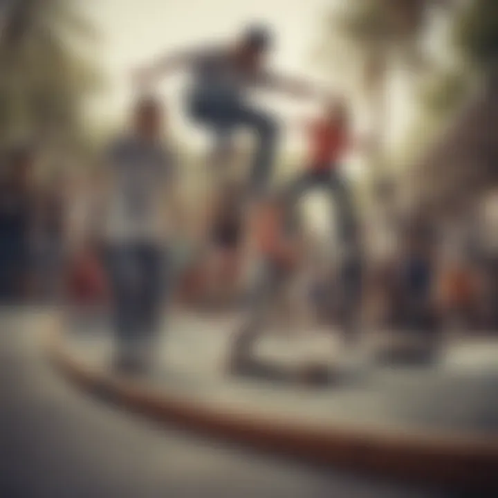 A vibrant skate park filled with skaters showcasing various styles