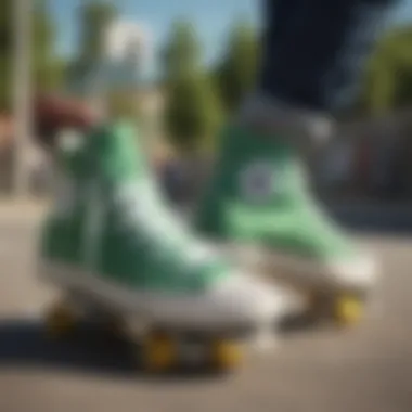 Green High Tops with Skateboarding Gear Collection of green high tops Converse displayed with skateboarding gear