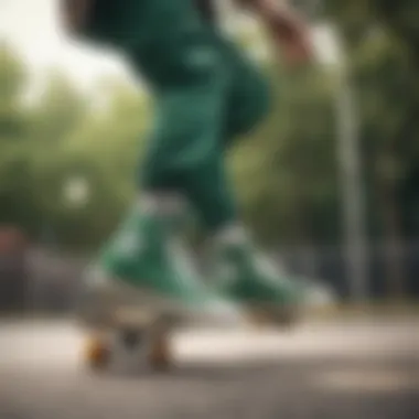 Skateboarder performing tricks wearing green high tops Converse