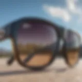 Close-up of large Wayfarer sunglasses showcasing lens and frame detail