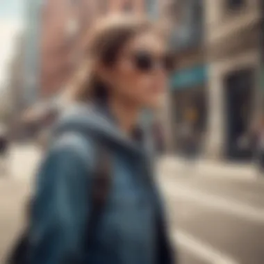 Urban Fashion with Wayfarer Sunglasses Fashionable individual wearing large Wayfarer sunglasses in an urban setting
