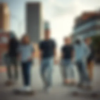 Urban Vibe: Light Grey Dickies Among Skater Community Group of skaters wearing light grey Dickies in an urban setting