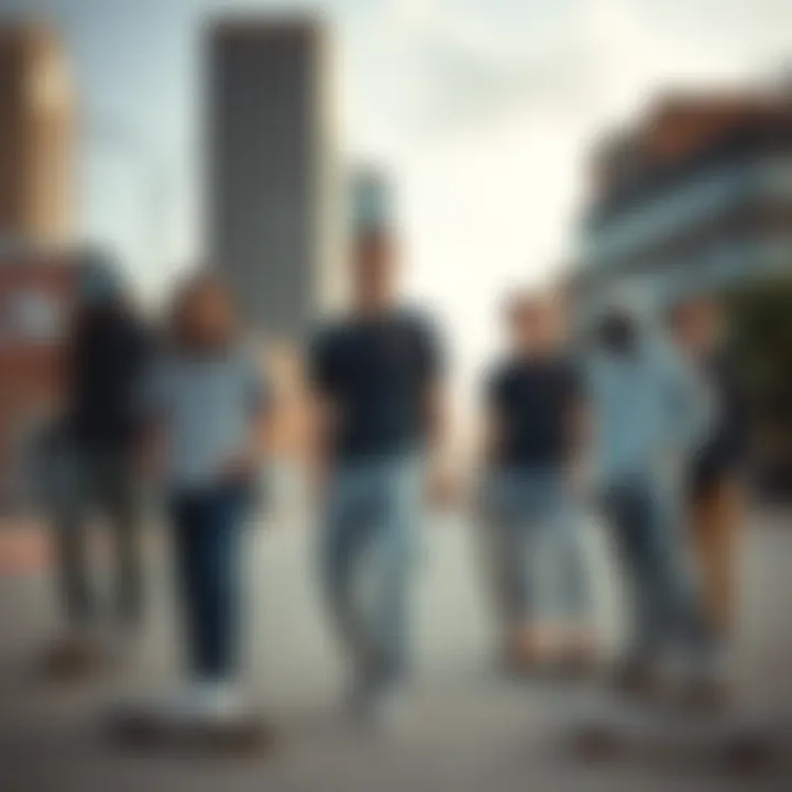 Urban Vibe: Light Grey Dickies Among Skater Community Group of skaters wearing light grey Dickies in an urban setting