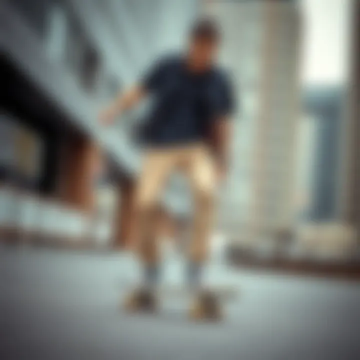 Skater in Urban Setting Wearing Light Khaki Cargo Pants Skater wearing light khaki cargo pants in an urban setting