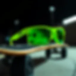 Stylish lime green Oakleys on a skateboard