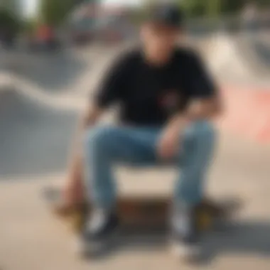 Skater relaxing in loose fit skate pants at a skate park