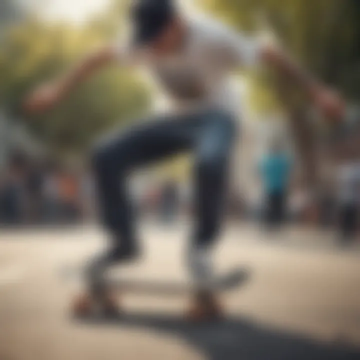 A skater showcasing loose fit skate pants while performing a trick