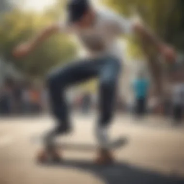 Skater in Action with Loose Fit Skate Pants A skater showcasing loose fit skate pants while performing a trick