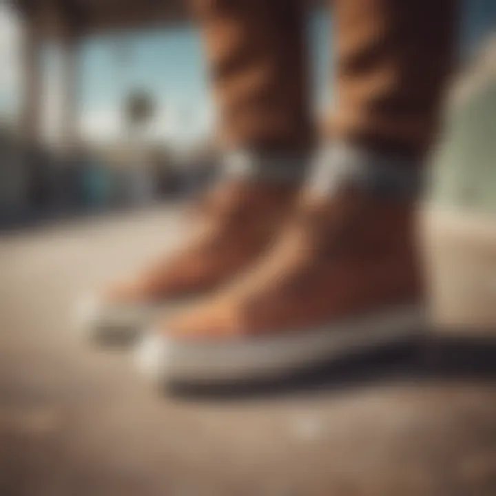 Stylish brown suede Vans paired with skateboarding gear