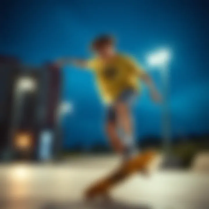 Dynamic Skateboarding in Stylish Shorts Dynamic skateboarding scene featuring stylish mesh shorts