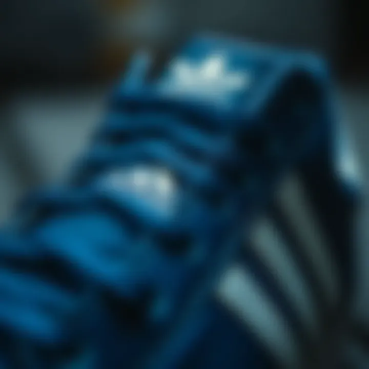 Close-up of the intricate design elements of navy Adidas shoes