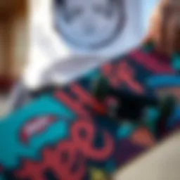 A skateboarder showcasing a Neff Custom Goods deck adorned with vibrant graphics.