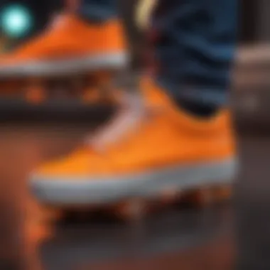 Close-up of neon orange skate shoes